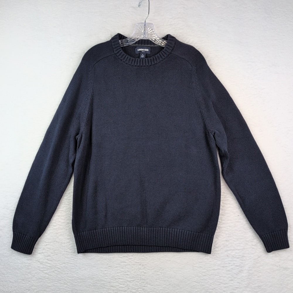 Lands' End Drifter Crew‎ Neck Sweater Men's Large 42-44 Navy Blue Cotton
